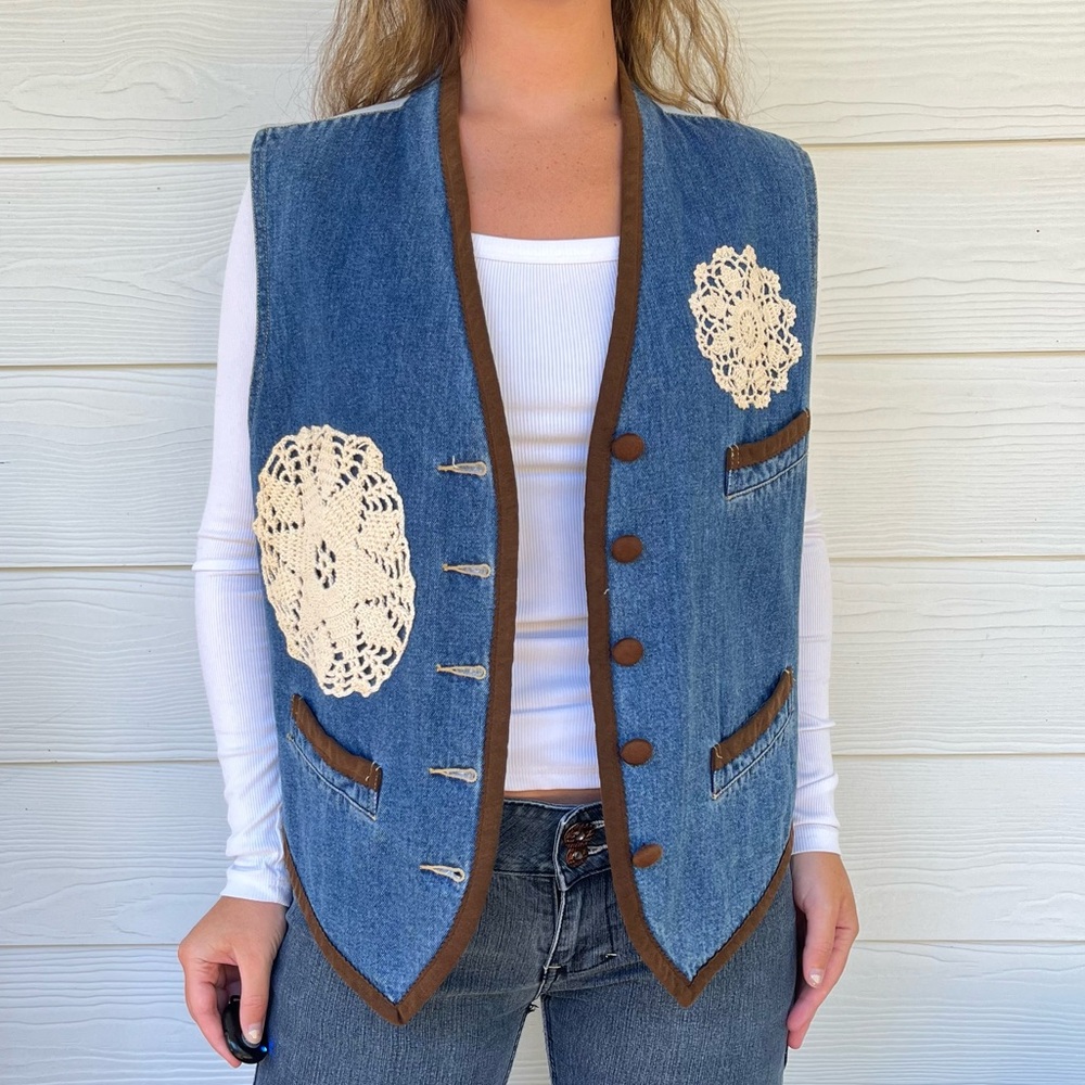 Vintage Denim Vest with Brown Trim